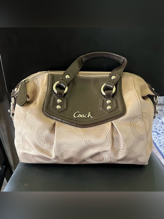 Coach Handbags - Coach Handbag Ashley Classic Signature C Satchel Beige/Brown Patent Leather